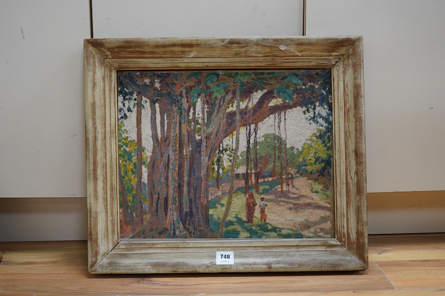 Miss Rachel Wheatcroft, ‘Banyan tree’, various labels verso, monogrammed, impasto oil on canvas, 39 x 49cm